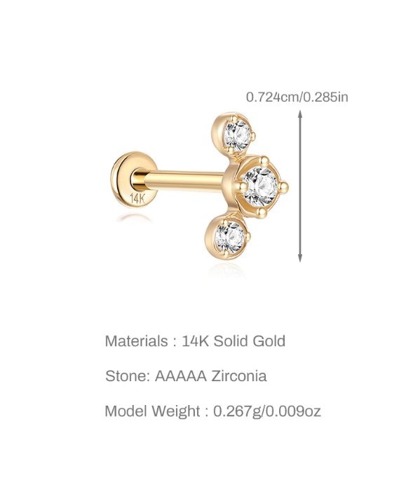 14K Gold Triple Zircon Stud Earrings – Delicate & Radiant