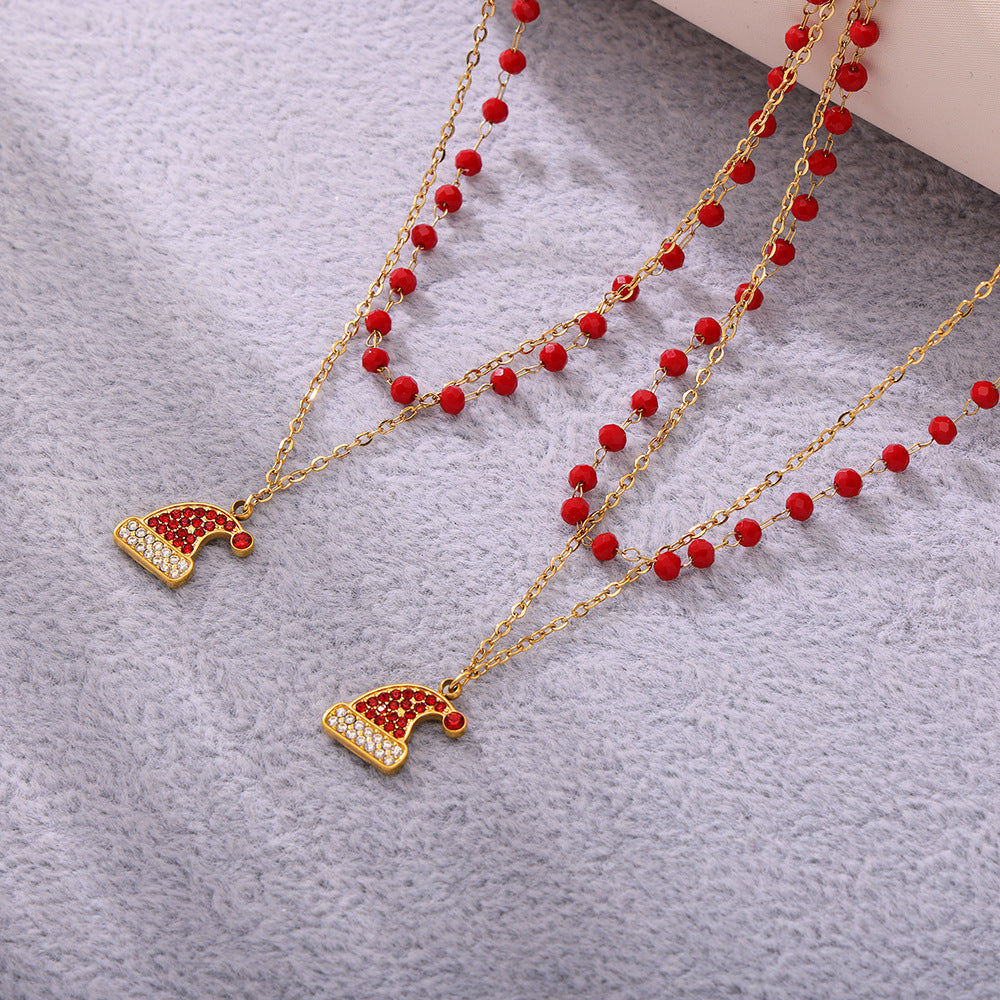 Gold Plated Stainless Steel Double-Layer Christmas Hat Necklace & Bracelet – Zircon & Garnet
