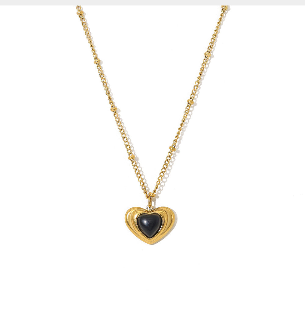18K Gold Plated Titanium Steel Vintage Heart Shaped Pearl Black Stone Pendant Necklace