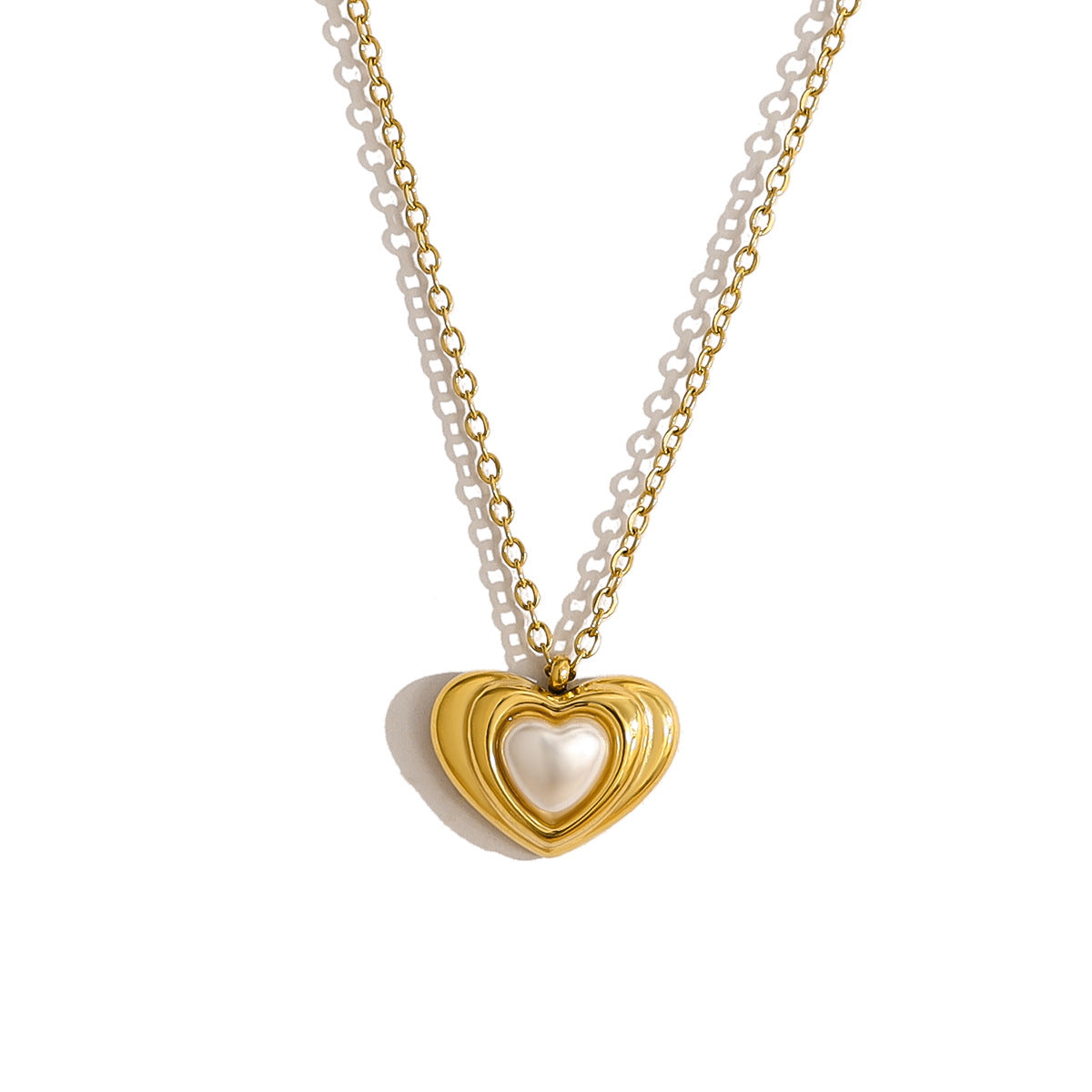 18K Gold Plated Titanium Steel Vintage Heart Shaped Pearl Black Stone Pendant Necklace