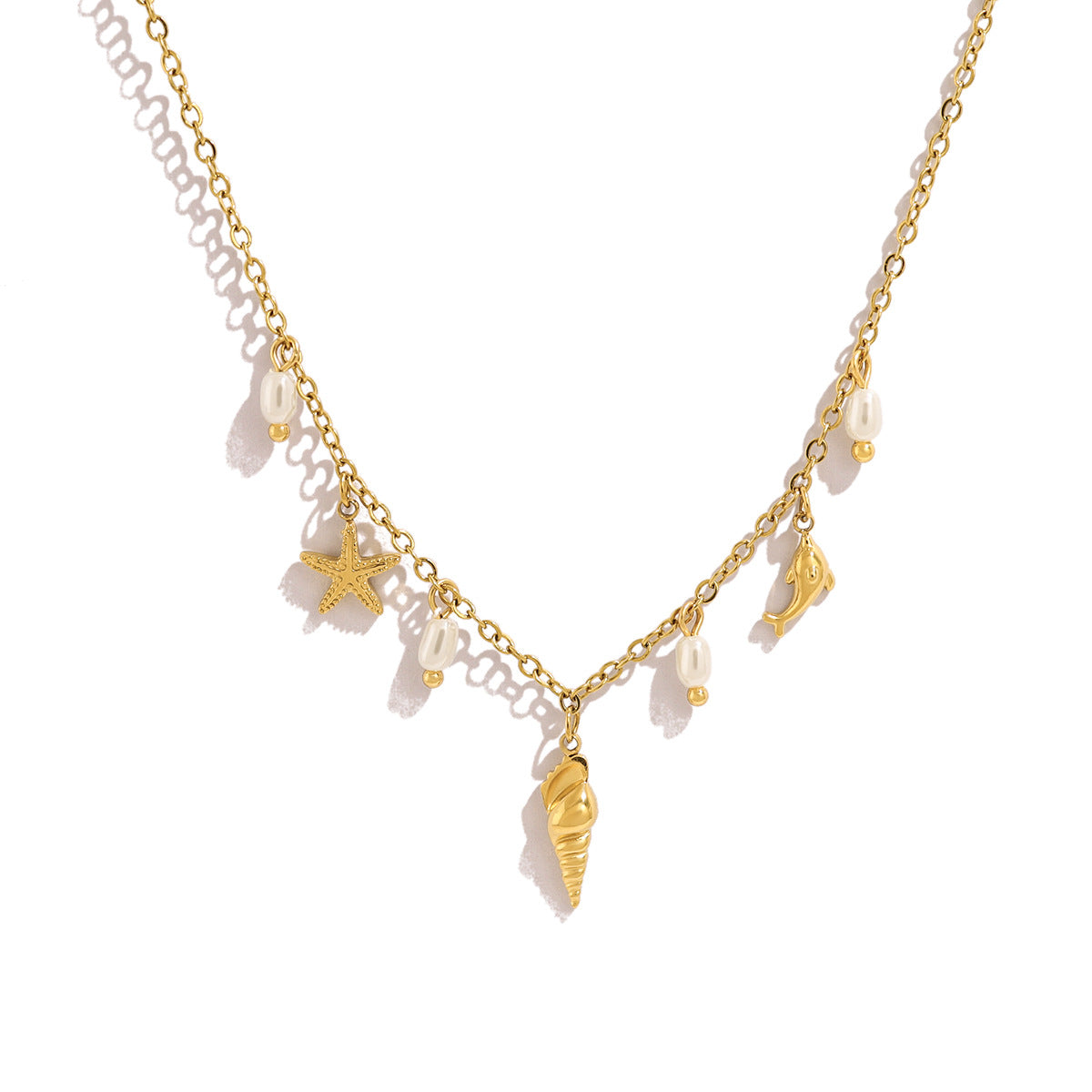 18K Gold Plated Titanium Steel Ocean Style Starfish Shell Conch Pendant Necklace with Crystal and Pearl