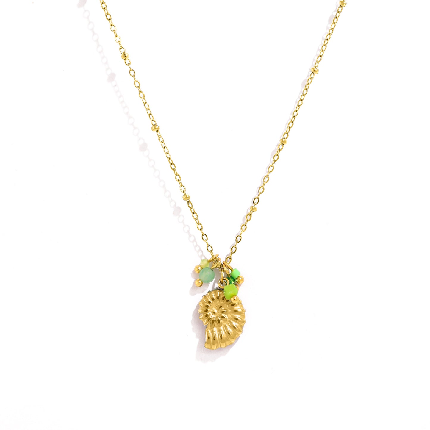 18K Gold Plated Titanium Steel Ocean Style Starfish Shell Conch Pendant Necklace with Crystal and Pearl