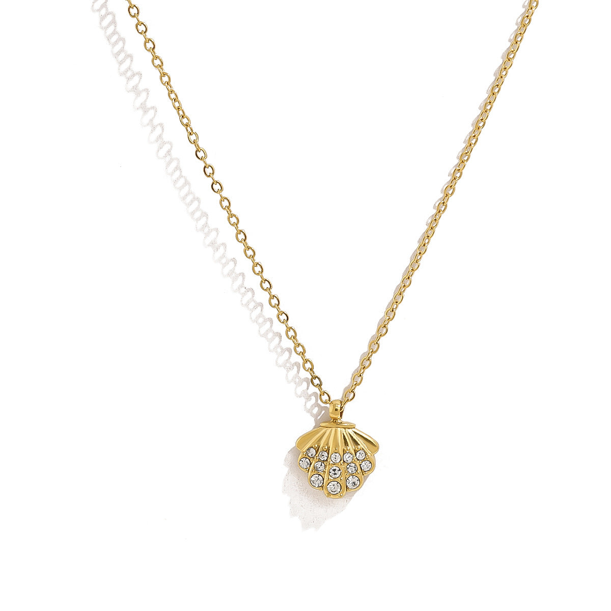 18K Gold Plated Titanium Steel Ocean Style Starfish Shell Conch Pendant Necklace with Crystal and Pearl