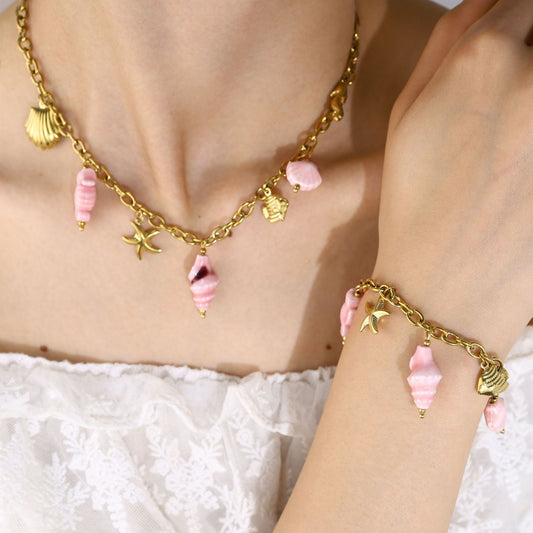 18K Gold Plated Stainless Steel Creative Beach Style Starfish Shell Seahorse Conch Pendant Ceramic Clavicle Necklace Bracelet Set