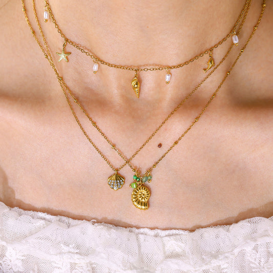 18K Gold Plated Titanium Steel Ocean Style Starfish Shell Conch Pendant Necklace with Crystal and Pearl
