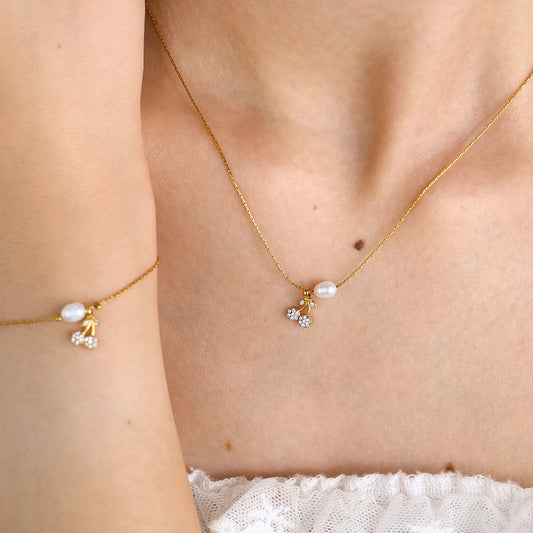 New Pearl Cherry Pendant Necklace & Bracelet Set – Sweet Fashion Jewelry Gift