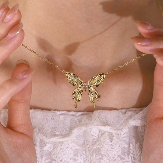 18K Gold Plated Titanium Steel Fashion Simple 3D Butterfly Necklace with Pink Zircon Inlay
