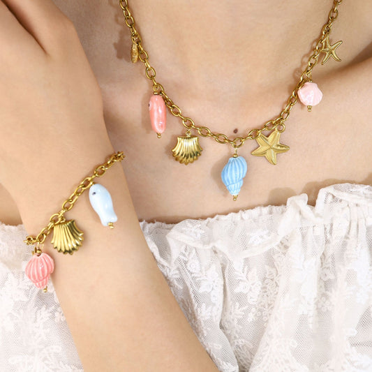 18K Gold Plated Titanium Steel Ocean-Themed Dopamine Ceramic Starfish and Seashell Pendant Necklace & Bracelet Set