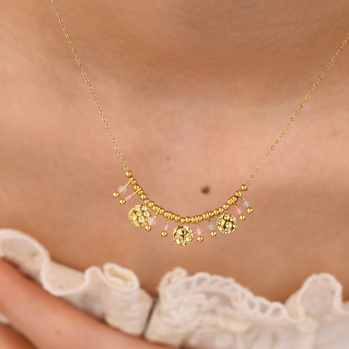 18K Gold Plated Titanium Steel Crystal Pendant Necklace | Elegant Metal Round Pendant Necklace