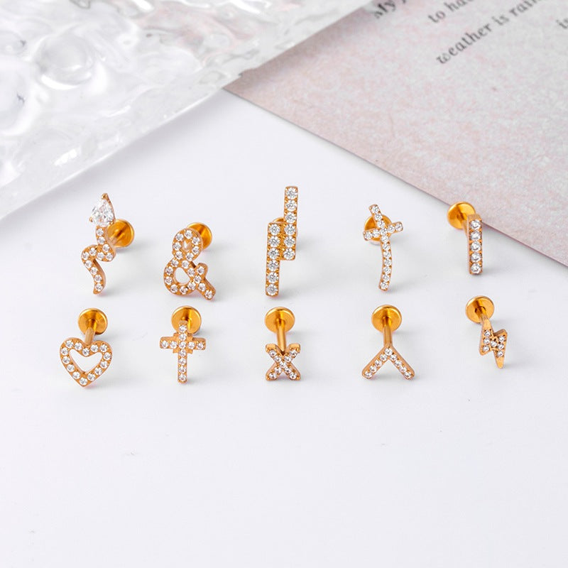 F136 Titanium Zircon Heart, Cross, Lightning & Snake Piercing Jewelry | Lip & Cartilage Studs