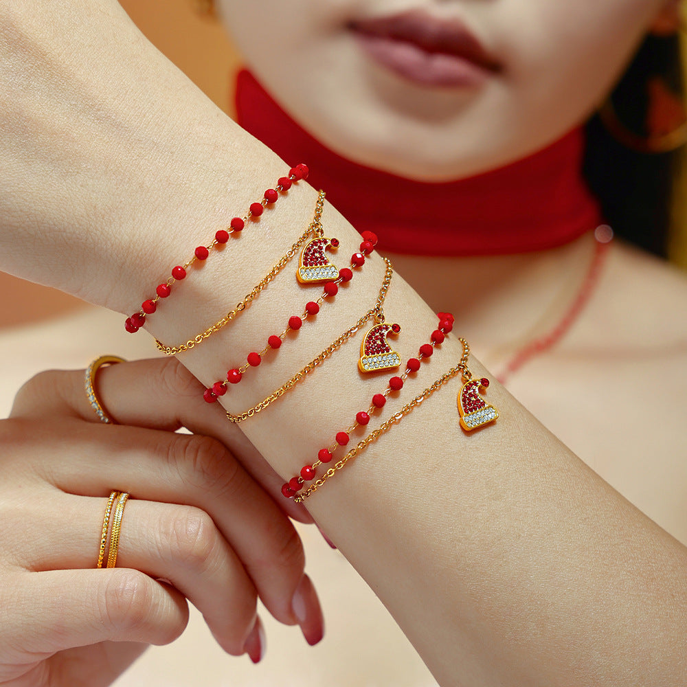 Gold Plated Stainless Steel Double-Layer Christmas Hat Necklace & Bracelet – Zircon & Garnet