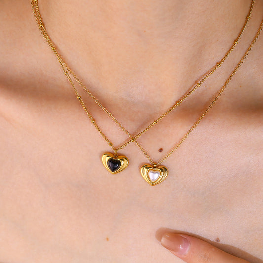 18K Gold Plated Titanium Steel Vintage Heart Shaped Pearl Black Stone Pendant Necklace