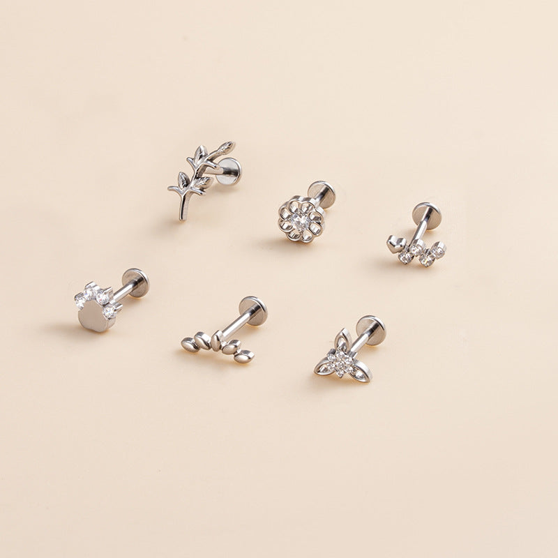 G23 Titanium Zircon Leaf & Flower Cartilage Piercing | Internally Threaded Lip & Ear Studs | Fashionable & Hypoallergenic