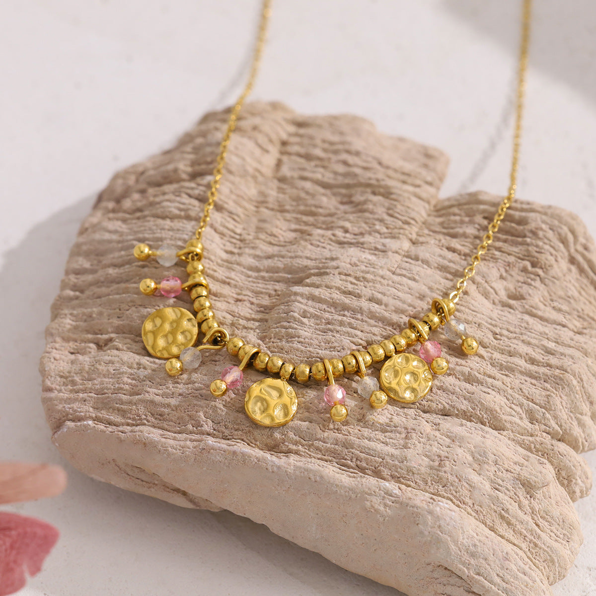 18K Gold Plated Titanium Steel Crystal Pendant Necklace | Elegant Metal Round Pendant Necklace
