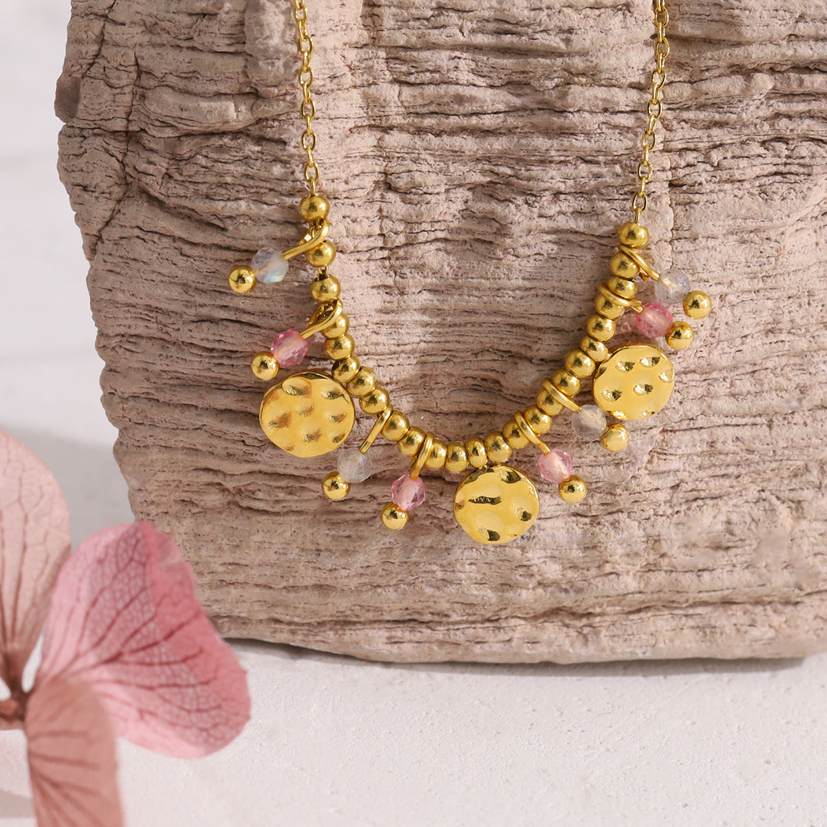18K Gold Plated Titanium Steel Crystal Pendant Necklace | Elegant Metal Round Pendant Necklace