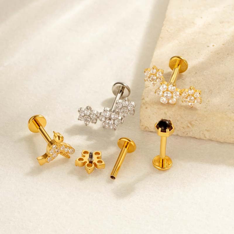 Titanium Threaded Piercing Stud – Hypoallergenic Flat Back Earring with Sparkling Zircon