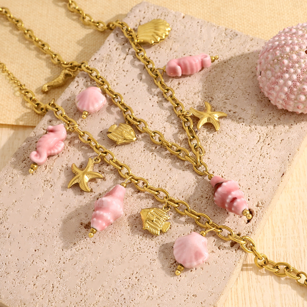 18K Gold Plated Stainless Steel Creative Beach Style Starfish Shell Seahorse Conch Pendant Ceramic Clavicle Necklace Bracelet Set
