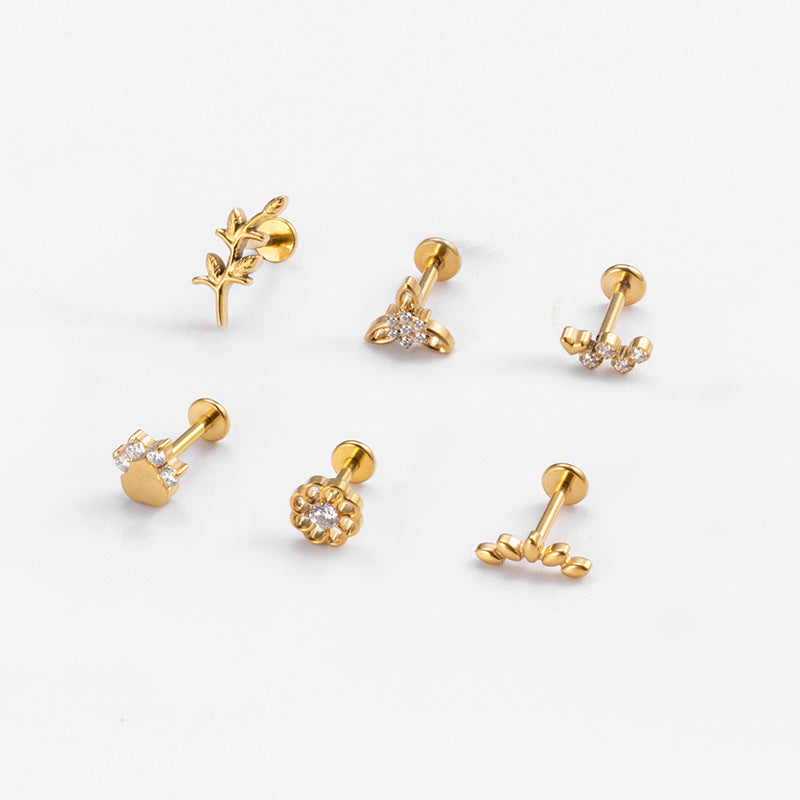 G23 Titanium Zircon Leaf & Flower Cartilage Piercing | Internally Threaded Lip & Ear Studs | Fashionable & Hypoallergenic