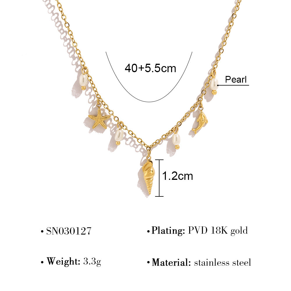 18K Gold Plated Titanium Steel Ocean Style Starfish Shell Conch Pendant Necklace with Crystal and Pearl