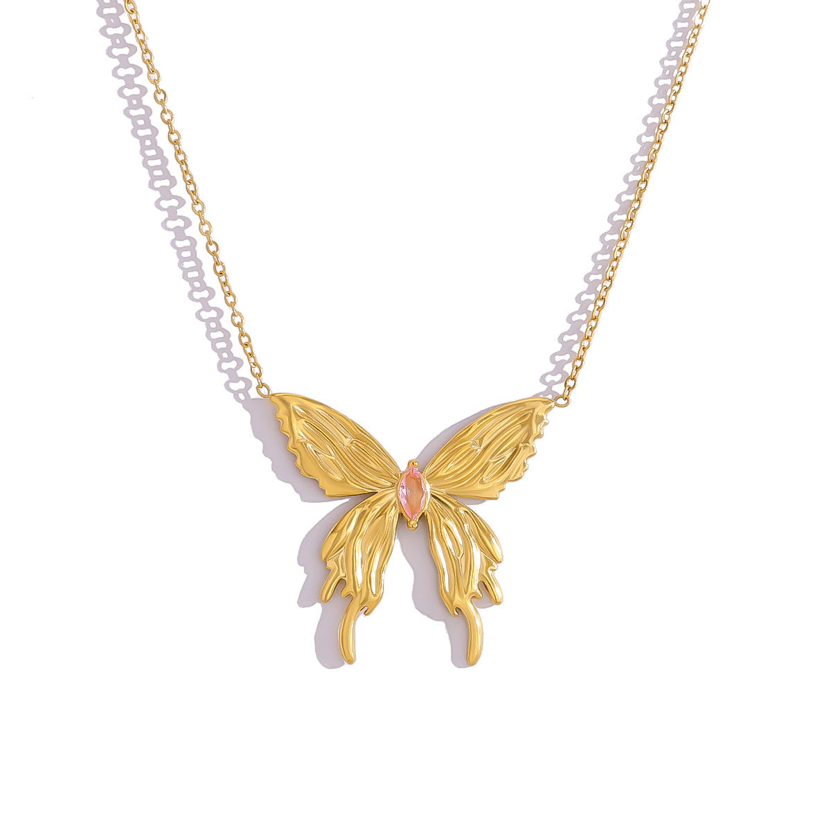 18K Gold Plated Titanium Steel Fashion Simple 3D Butterfly Necklace with Pink Zircon Inlay