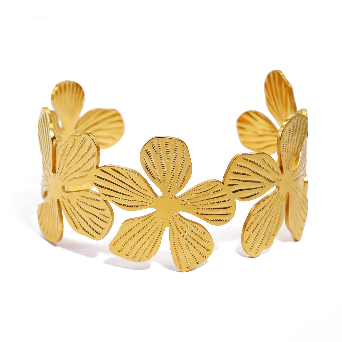 18K Gold Plated Stainless Steel Geometric Bangle Bracelet Series | Wave, Floral, Scroll, Brushed Hollow Designs