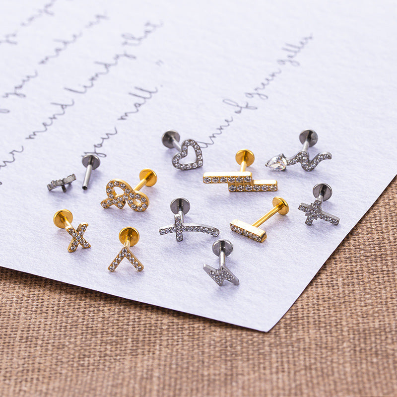 F136 Titanium Zircon Heart, Cross, Lightning & Snake Piercing Jewelry | Lip & Cartilage Studs