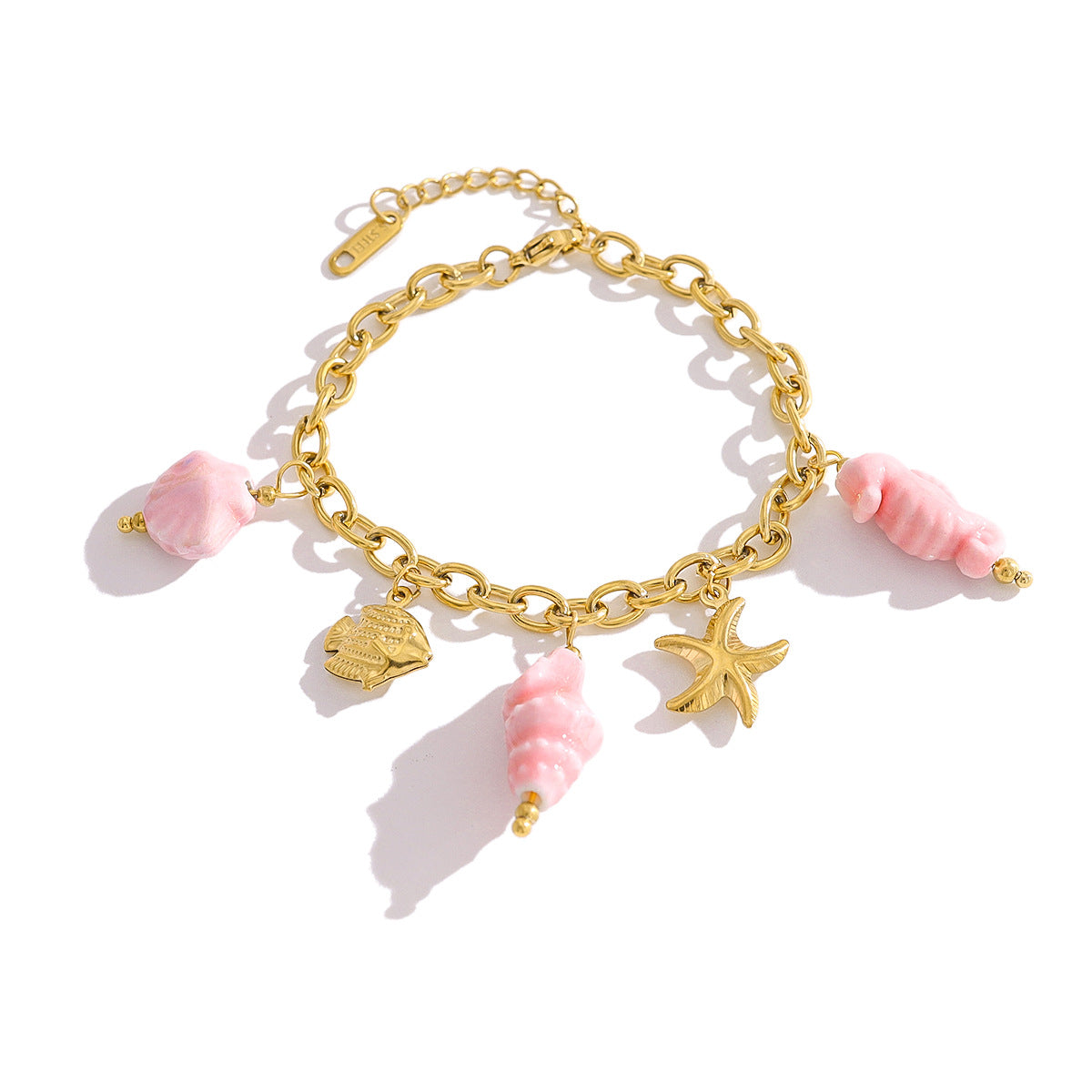 18K Gold Plated Stainless Steel Creative Beach Style Starfish Shell Seahorse Conch Pendant Ceramic Clavicle Necklace Bracelet Set
