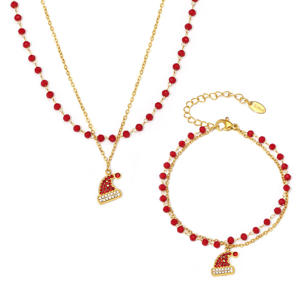 Gold Plated Stainless Steel Double-Layer Christmas Hat Necklace & Bracelet – Zircon & Garnet