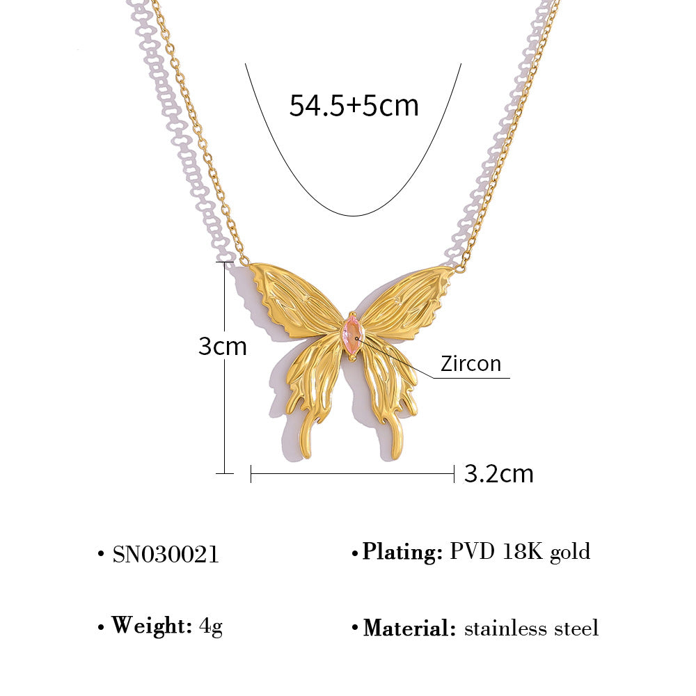 18K Gold Plated Titanium Steel Fashion Simple 3D Butterfly Necklace with Pink Zircon Inlay