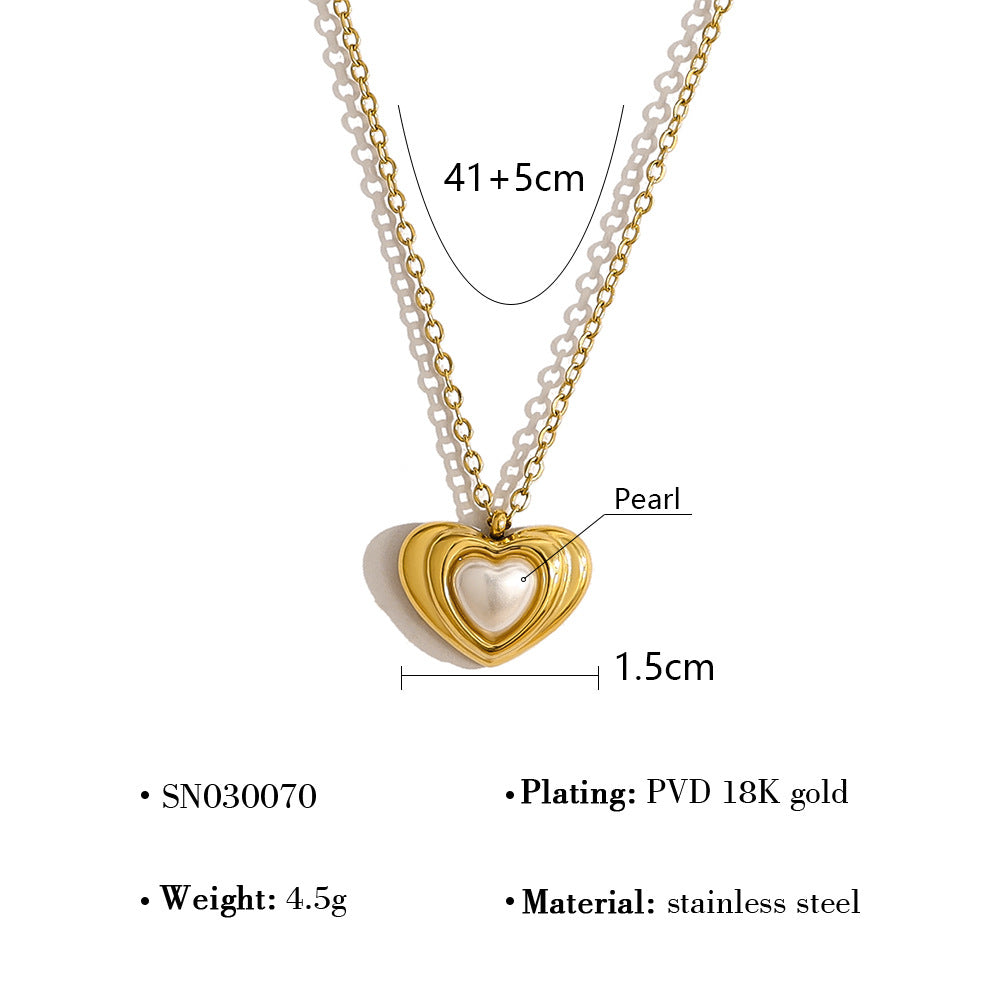 18K Gold Plated Titanium Steel Vintage Heart Shaped Pearl Black Stone Pendant Necklace