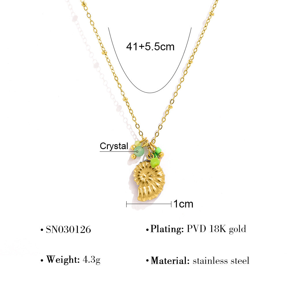 18K Gold Plated Titanium Steel Ocean Style Starfish Shell Conch Pendant Necklace with Crystal and Pearl