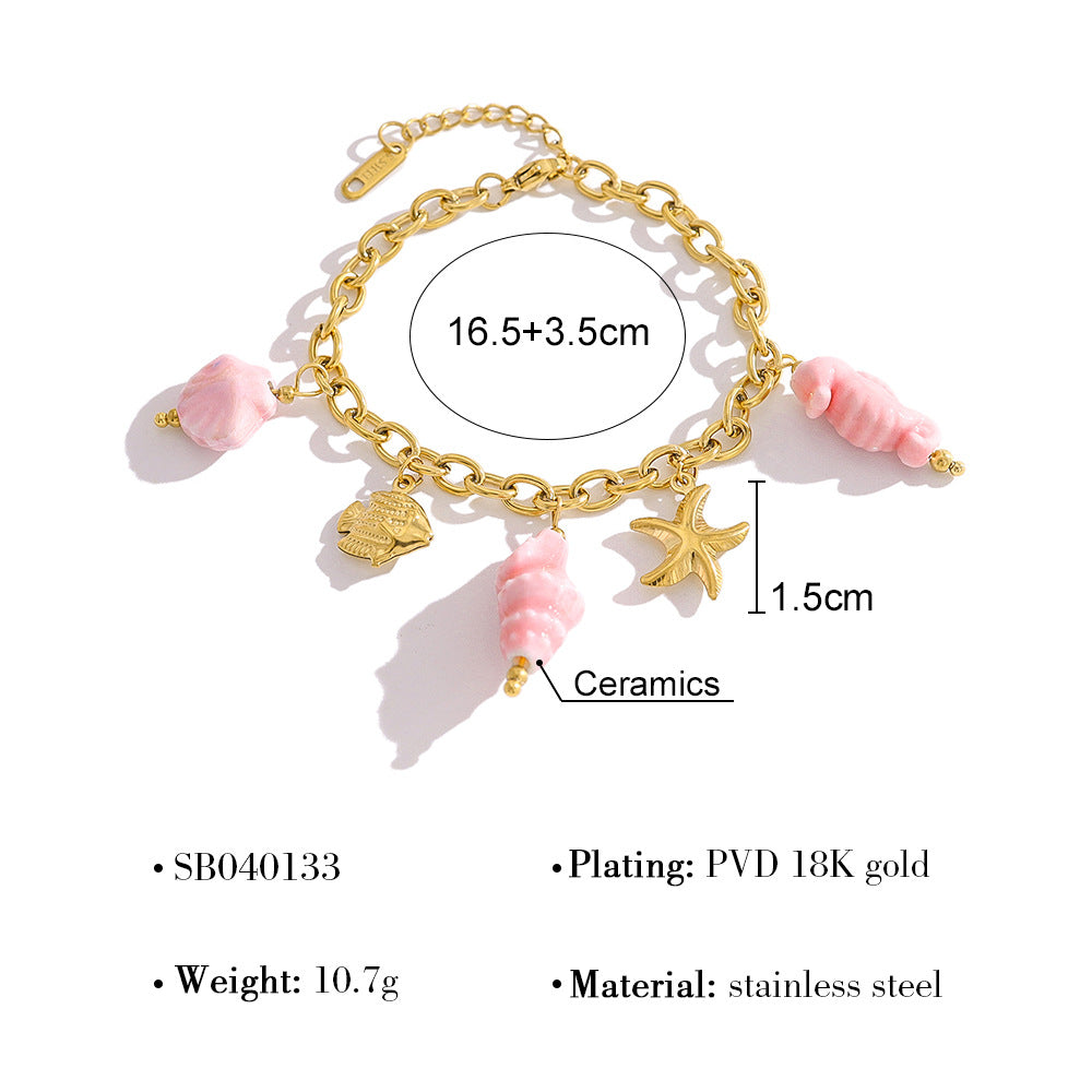 18K Gold Plated Stainless Steel Creative Beach Style Starfish Shell Seahorse Conch Pendant Ceramic Clavicle Necklace Bracelet Set