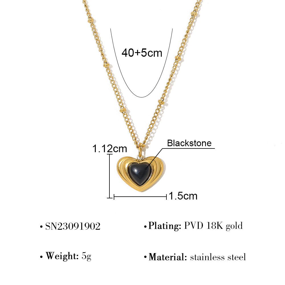 18K Gold Plated Titanium Steel Vintage Heart Shaped Pearl Black Stone Pendant Necklace