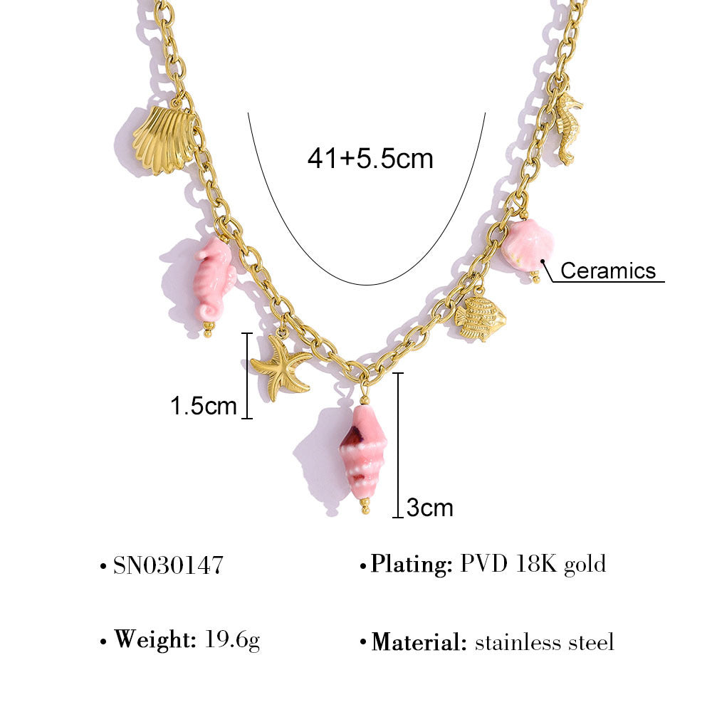 18K Gold Plated Stainless Steel Creative Beach Style Starfish Shell Seahorse Conch Pendant Ceramic Clavicle Necklace Bracelet Set