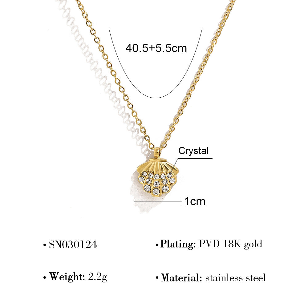 18K Gold Plated Titanium Steel Ocean Style Starfish Shell Conch Pendant Necklace with Crystal and Pearl