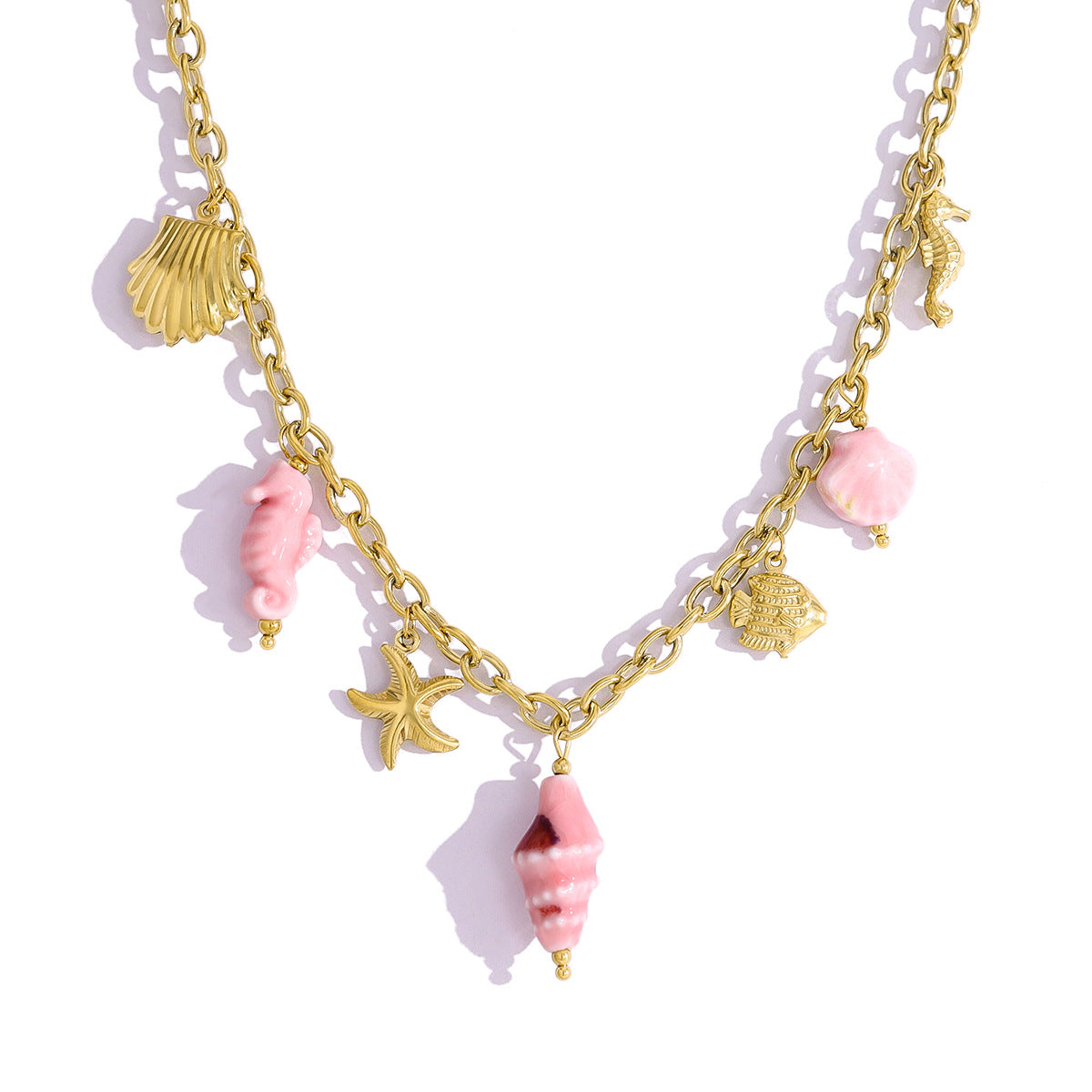 18K Gold Plated Stainless Steel Creative Beach Style Starfish Shell Seahorse Conch Pendant Ceramic Clavicle Necklace Bracelet Set