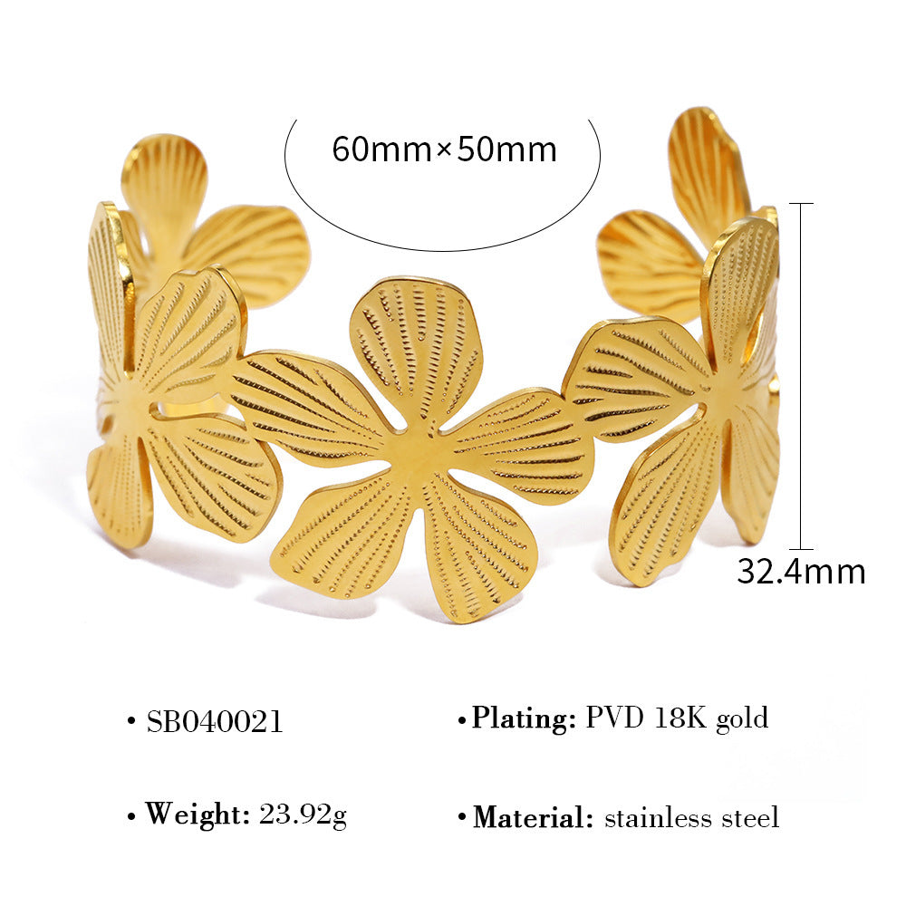 18K Gold Plated Stainless Steel Geometric Bangle Bracelet Series | Wave, Floral, Scroll, Brushed Hollow Designs