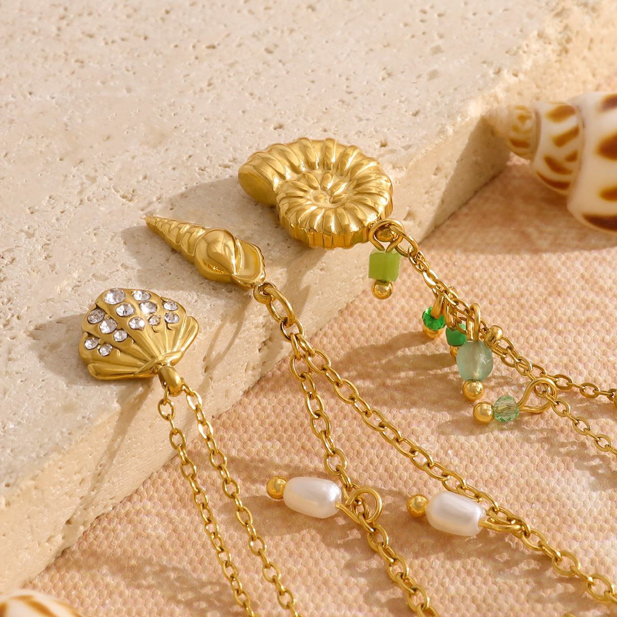 18K Gold Plated Titanium Steel Ocean Style Starfish Shell Conch Pendant Necklace with Crystal and Pearl