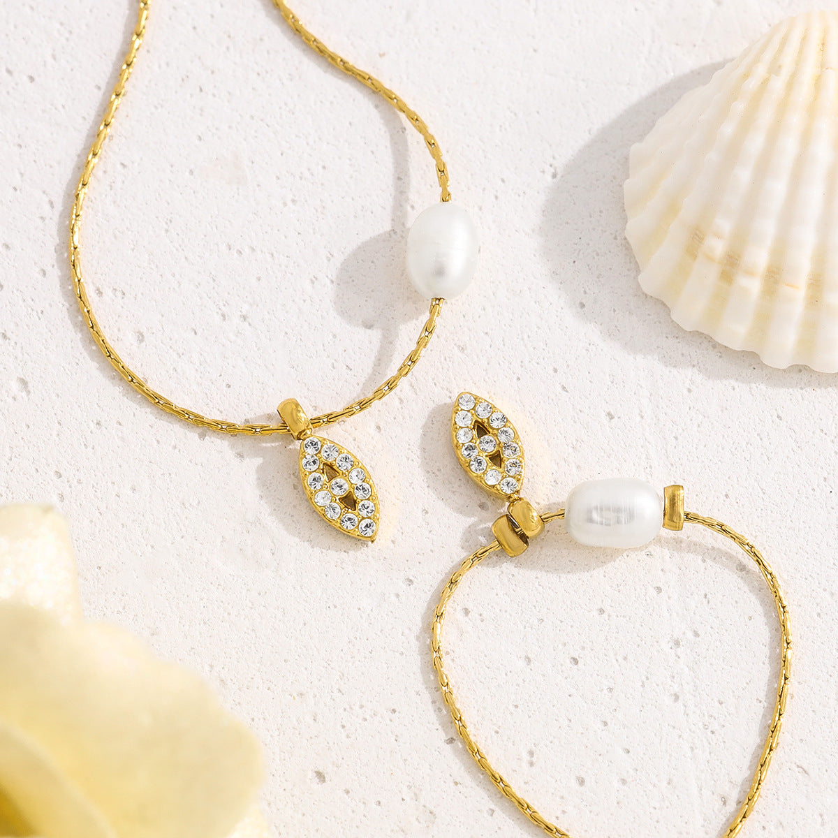 Elegant Pearl & Evil Eye Pendant Necklace & Bracelet Set – 18K Gold Plated Titanium Steel, Adjustable Length