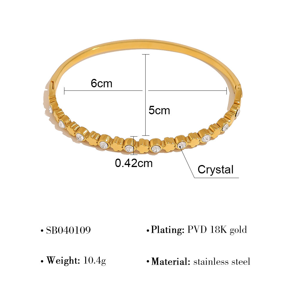 18K Gold Plated Stainless Steel Crystal Heart & Star Bangle Bracelet | Elegant Narrow Edge Cuff Jewelry for Women