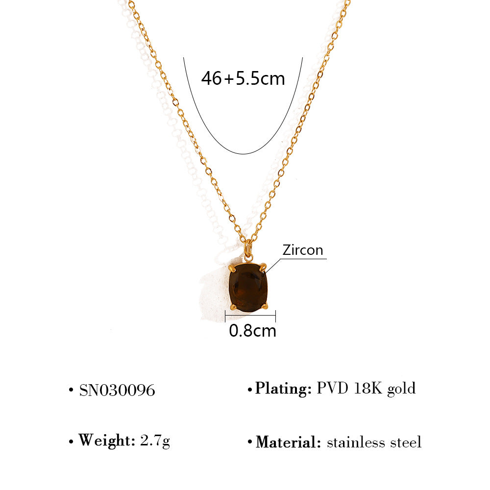 18K Gold Plated Stainless Steel Oval & Round Crystal Pendant Necklace | Colorful Zircon & Rose Quartz Jewelry for Women