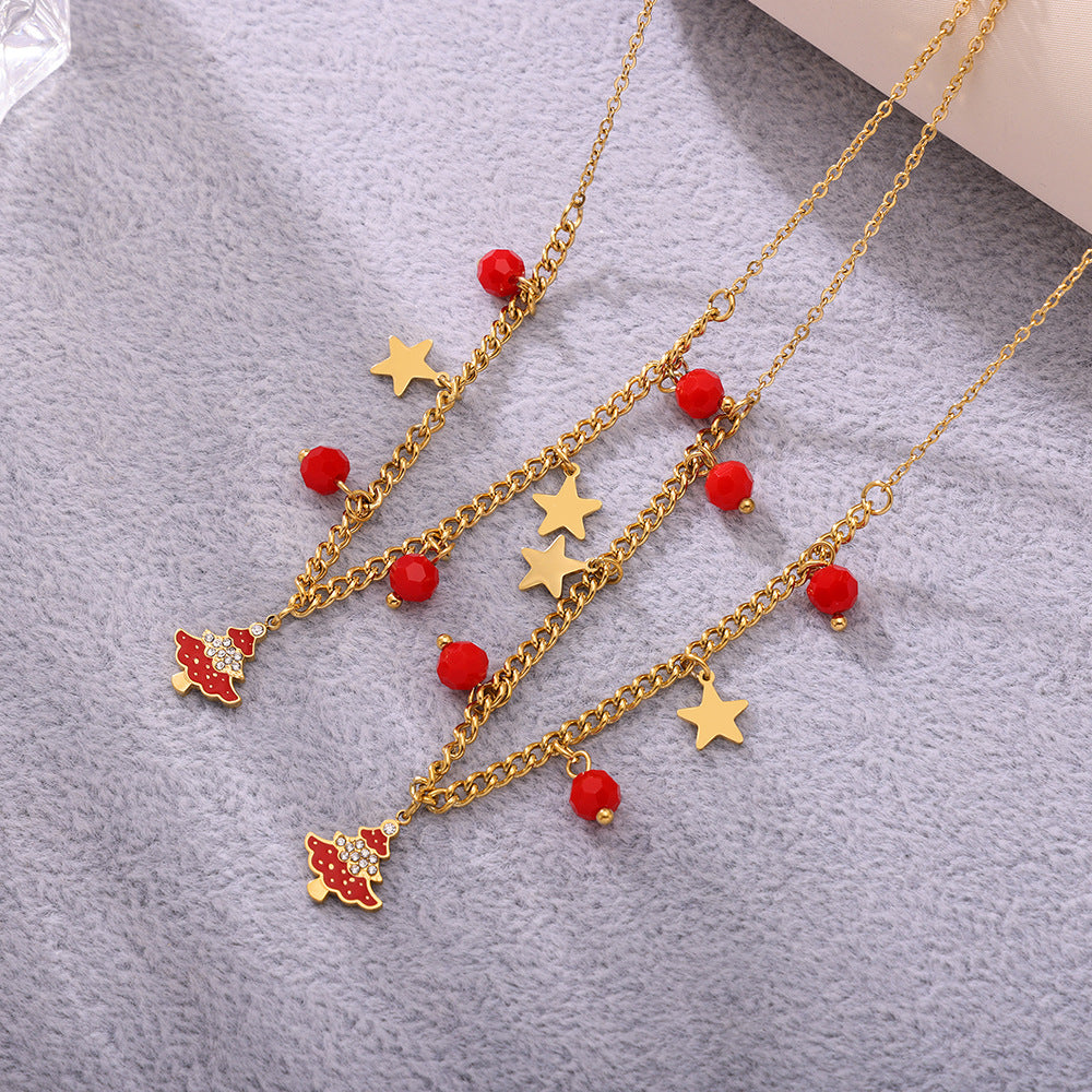 Christmas Tree Garnet Oil Drop Zircon Necklace & Bracelet Set | Layered Stainless Steel Holiday Jewelry