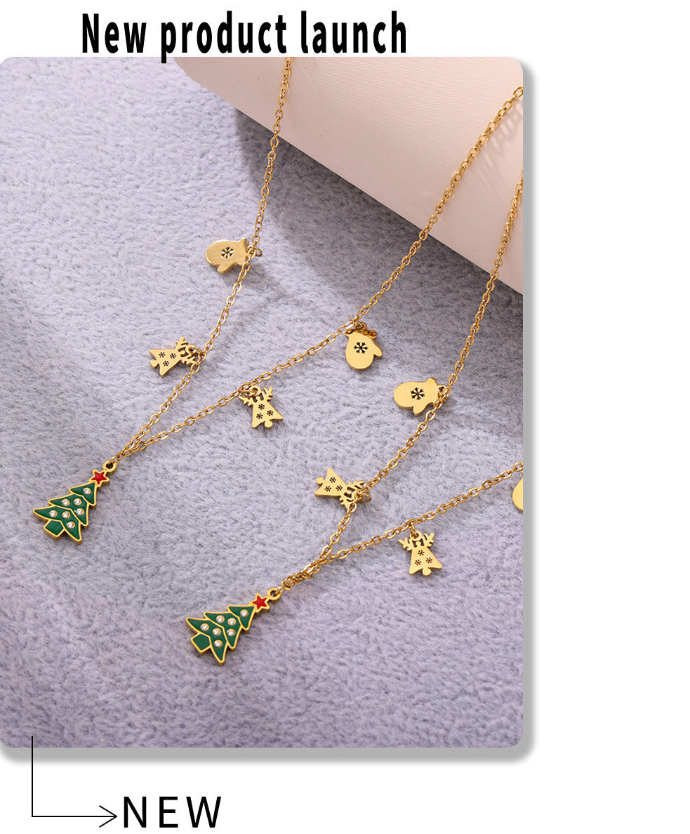 Gold Stainless Steel Christmas Necklace | Green Christmas Tree Pendant with Oil Drop & Zircon