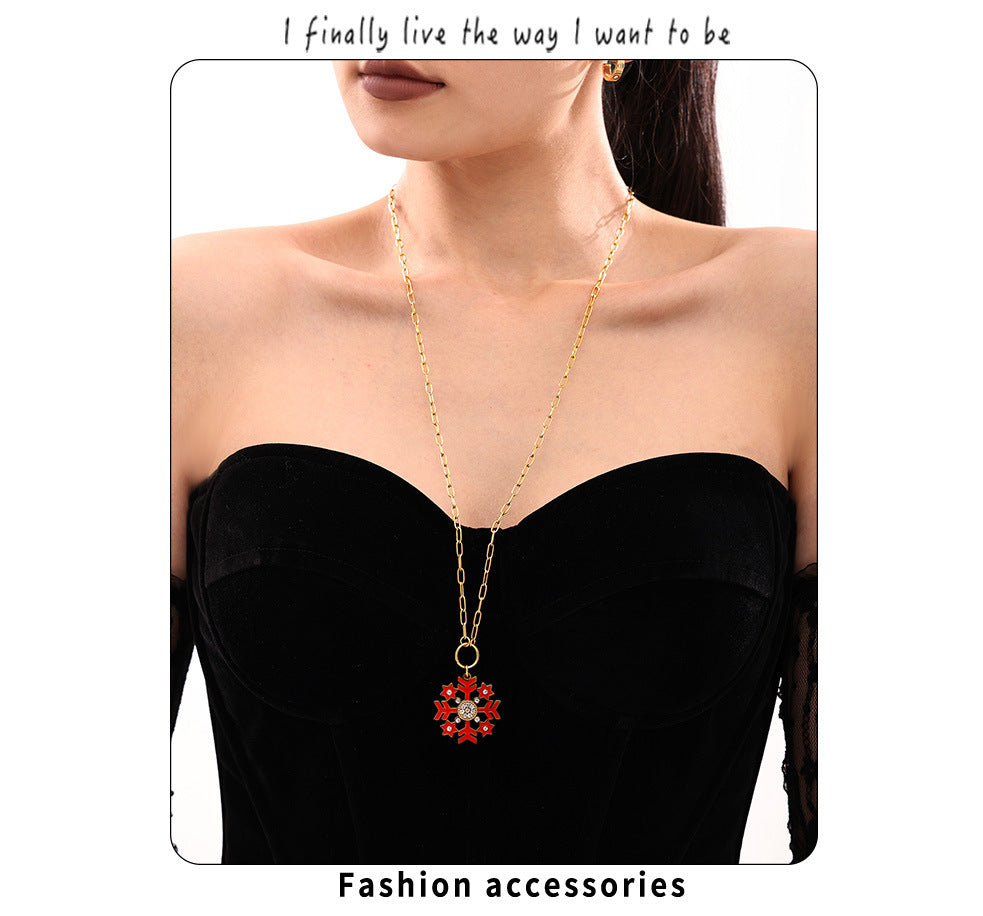 Gold Stainless Steel Christmas Snowflake Long Necklace – White, Green & Red Enamel Pendant Holiday Jewelry