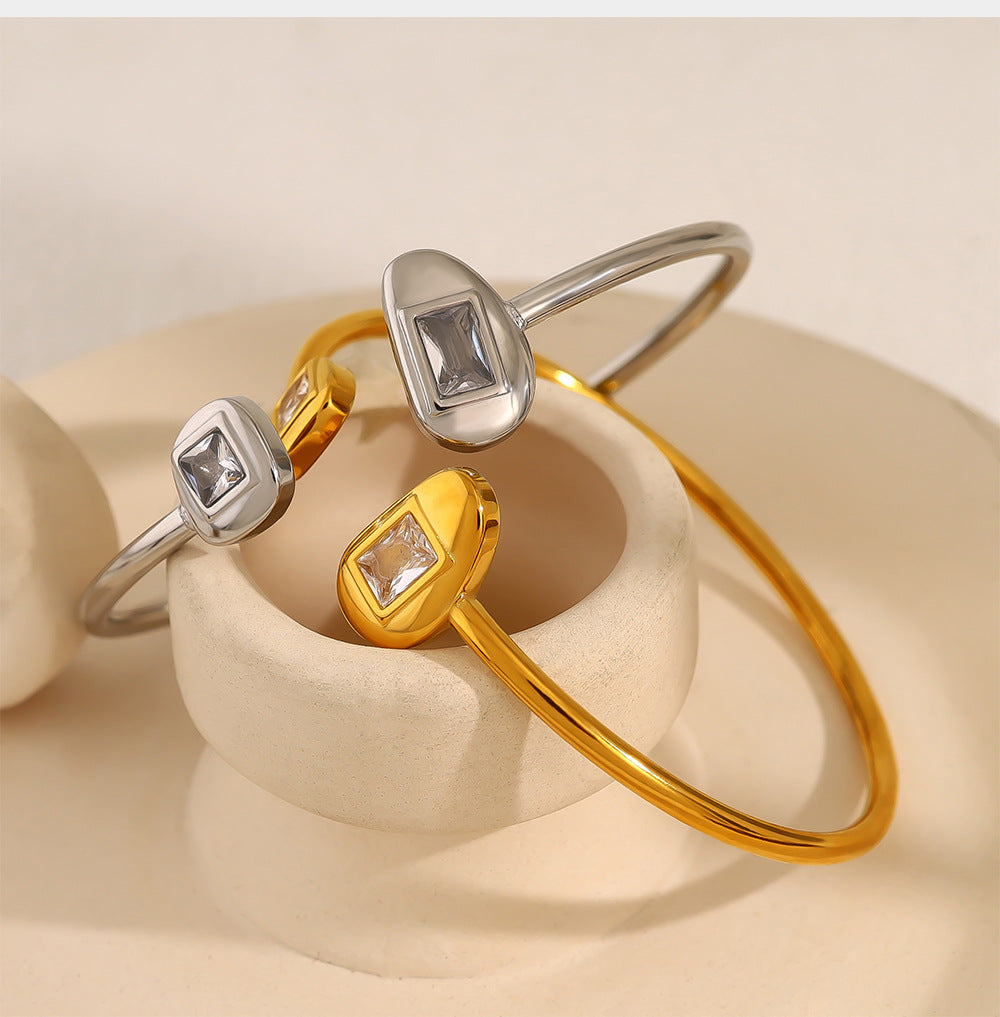 Zircon Open Elastic Bangle – 18K Gold-Plated Titanium Steel Jewelry