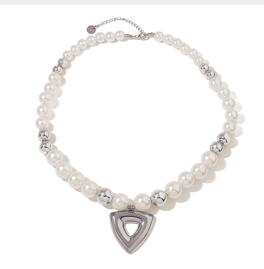 Vintage Pearl Beaded Hollow Triangle Pendant Necklace | 18K Gold & Silver Stainless Steel Elegant Jewelry for Women