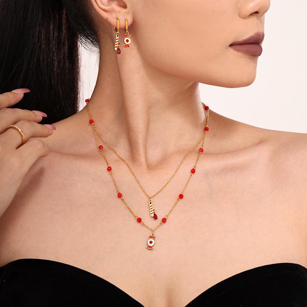 Gold Stainless Steel Christmas Candy Apple Multi-Layer Necklace, Bracelet & Asymmetric Earrings – Holiday Jewelry Gift Set