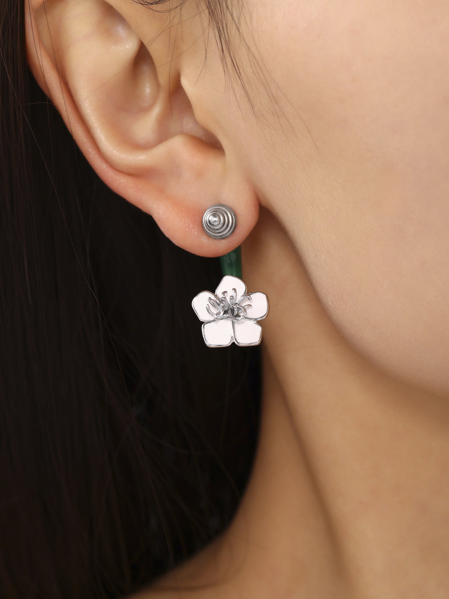 Enamel Camellia Screw Earrings – Elegant Double-Sided Stainless Steel Floral Earrings for Women