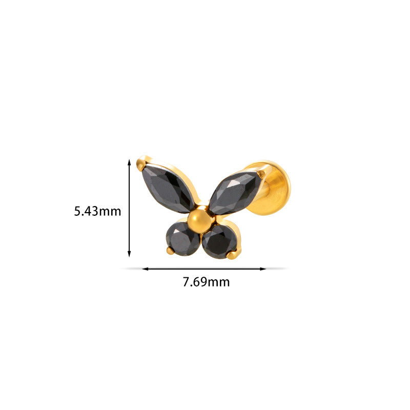 F136 Titanium Butterfly Zirconia Piercing - 1.2*8mm Lip & Cartilage Stud with Internal Thread