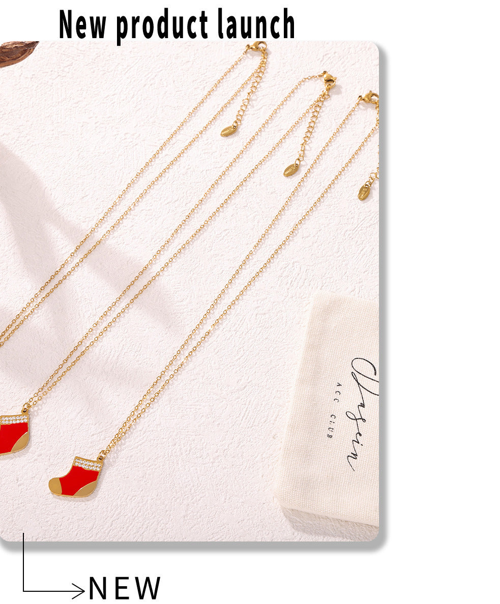 Gold Stainless Steel Christmas Red Sock Pendant Necklace | Festive Holiday Zircon Jewelry Gift